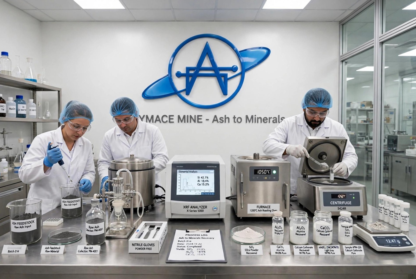PrymACE Mine laboratory technicians recovering minerals from ash using XRF analysis, furnace and centrifuge equipment