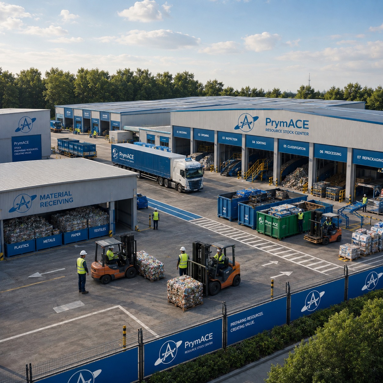 Aerial view of the PrymACE Resource Stock Center with trucks, forklifts and sorted material bays